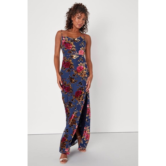Lulus Dresses & Skirts - Lulus Navy Blue Floral Burnout Velvet Cowl Neck Maxi Dress Slit NWT Size S